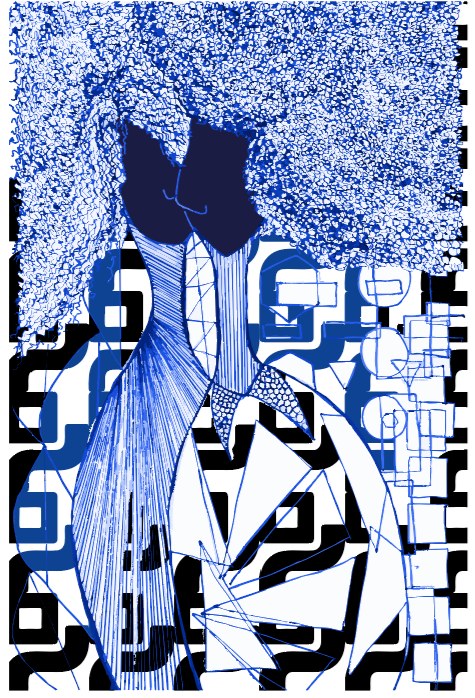 Nadege's blue mixed-media artwork with figures, expressive marks, and geometric symbols