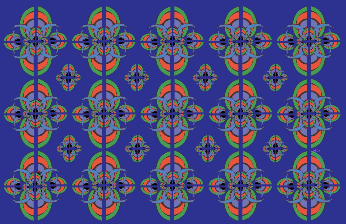Repeating multicolored ornamental symbols on an indigo background