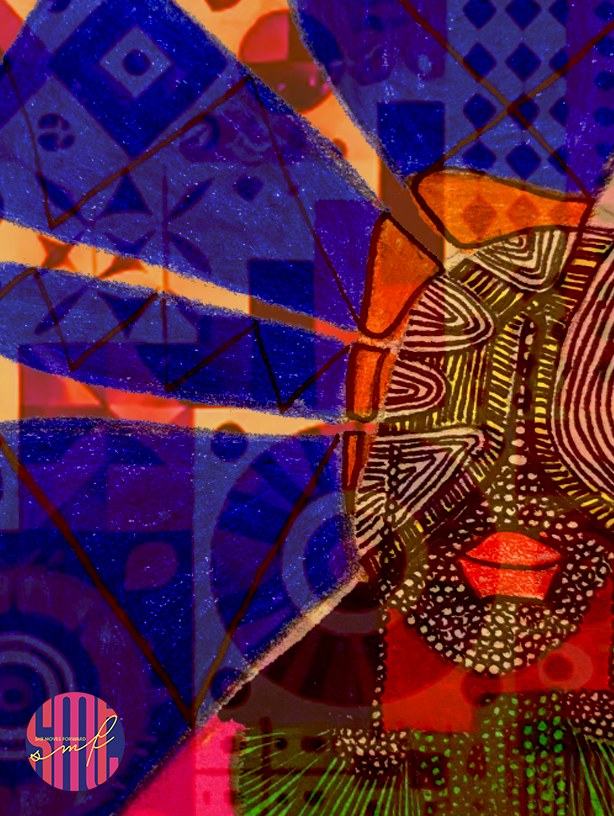 Layered mixed-media portrait with purple, orange, and gold patterns